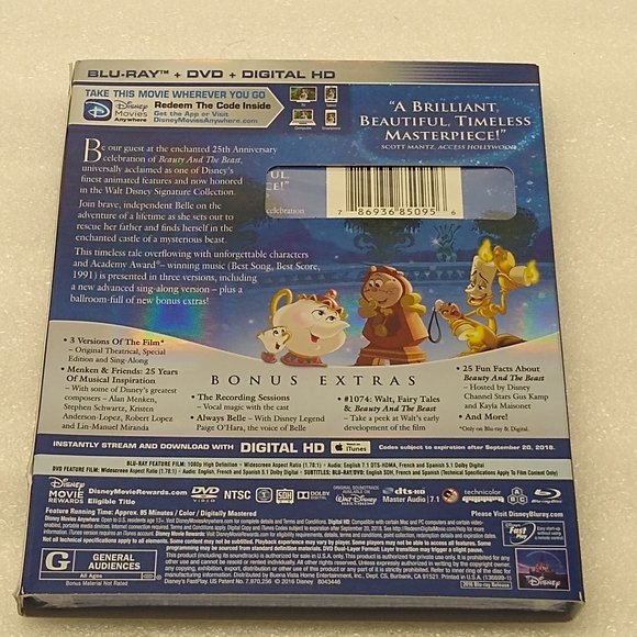 Beauty & the Beast 25th Anniversary Edition BLU-RAY DVD DIGITAL HD - SEALED - Picture 2 of 8